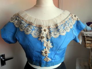 Antique 19th C Victorian Blue Silk Evening Bodice With Lace And Silk Flowers