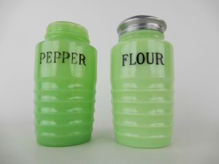 Vintage Fire King Jeanette Jadite Green Pepper & Flour Ribbed Beehive Shakers