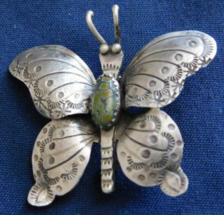 Native American Sterling Olive Green Turquoise Handmade Vintage Butterfly Pin