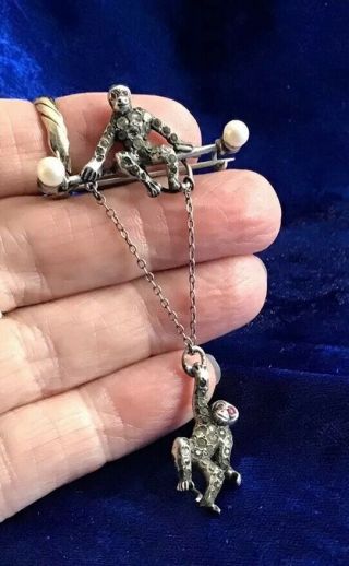 Rare Antique Real Solid Silver Ruby,  Pearl & Paste Set Swinging Monkeys Brooch