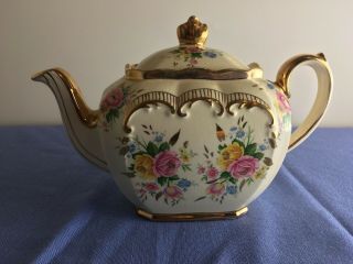 Vintage Sadler Cube Teapot Flowers Roses Gold Trim Made England 2657