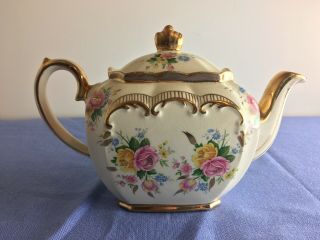 VINTAGE SADLER CUBE TEAPOT FLOWERS ROSES GOLD TRIM MADE ENGLAND 2657 2