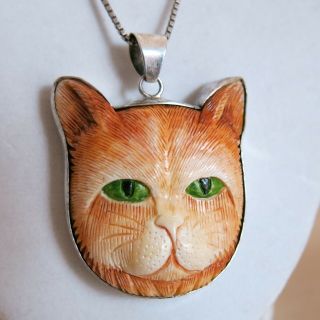 Sterling Carved Cat Head Pendant Artisan Made & Sterling 20 In Chain 23.  3g[4336]