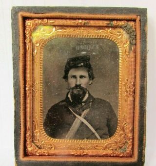 Vintage Tintype Of Civil War Soldier In Uniform Wearing Kepi Cap