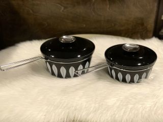 Vintage Cathrineholm Cookware Sauce Pot Black With White Lotus Design,  Set Of 2