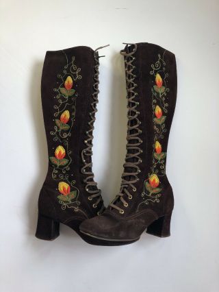 Vintage 1970’s Embroidered Lace Up Suede Boots,  Penny Lane Style