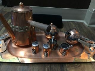 40s? Anna Nunez Brilanti Victoria Taxco Mexico Copper Silver Tea Tray Art Set