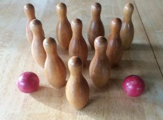 Set Of 10 Antique Mini Wooden Bowling Pins W/ 2 Balls