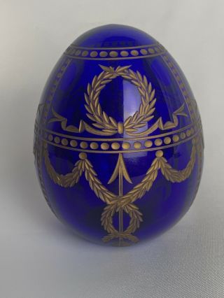 Vintage Russian Faberge Cobalt Blue Glass Etched Egg Fine Gold Painted Arrows