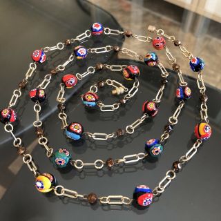 Vintage Gold Tone Millefiori Murano Art Glass Beads Chain Flapper Necklace 45 "