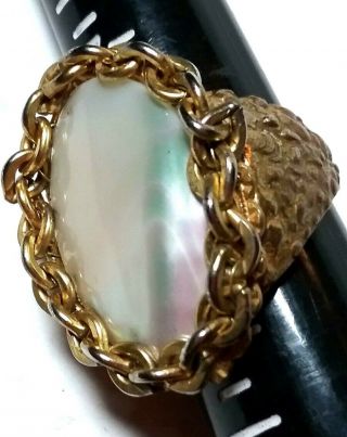 Large Vintage Signed Miriam Haskell Fake Pearl Textured Gold Tone Ring