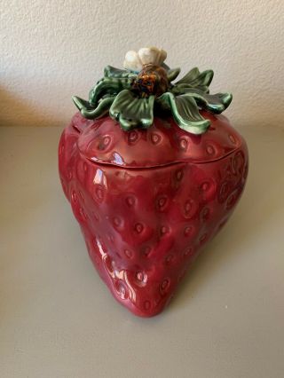 Vintage Strawberry Shape Cookie Jar Ceramic Flower Leaves Lid