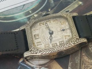 EJ4: RARE 1920s VINTAGE ULTRA ART DECO CHASED MENS FANCY DIAL & CASE WATCH 2