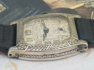 EJ4: RARE 1920s VINTAGE ULTRA ART DECO CHASED MENS FANCY DIAL & CASE WATCH 3
