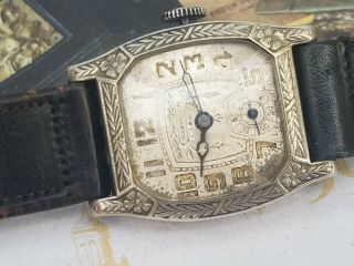 EJ4: RARE 1920s VINTAGE ULTRA ART DECO CHASED MENS FANCY DIAL & CASE WATCH 5