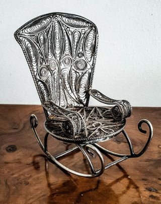 Antique Solid Silver Filigree Model Of A Rocking Chair Dolls House Vtg