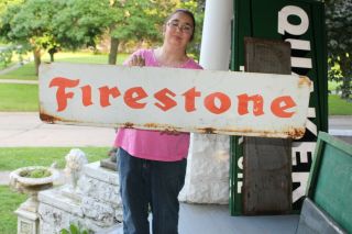 Large Vintage C.  1970 Firestone Bridgestone Gas Station 2 Sided 48 " Metal Sign