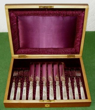 Antique Silver & Mother Pearl Pastry Desert Knives & Forks Cased Hallmarked 1892