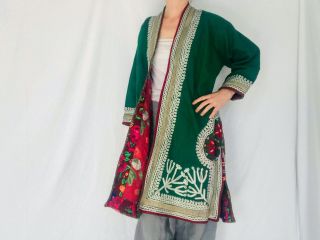 Vintage Turkmen Wool Silk Embroidered Coat.  Sterling Silver Trim.  Fabulous Piece