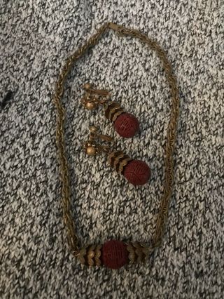 Vintage Miriam Haskell Gilt Cinnabar Necklace & Earrings
