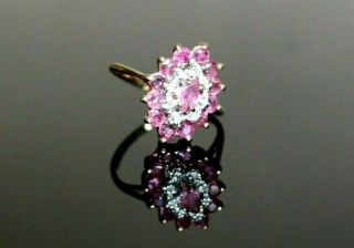 Vintage 9ct Gold Ring.  Rubies & Diamonds Cluster.  Size J 1/2.