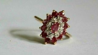 VINTAGE 9CT GOLD RING.  RUBIES & DIAMONDS CLUSTER.  SIZE J 1/2. 2