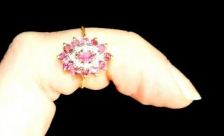 VINTAGE 9CT GOLD RING.  RUBIES & DIAMONDS CLUSTER.  SIZE J 1/2. 5