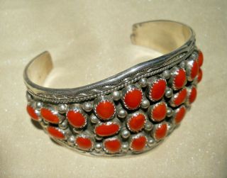 Vintage V James Navajo Sterling Silver And Red Coral Cuff Bracelet,  60g