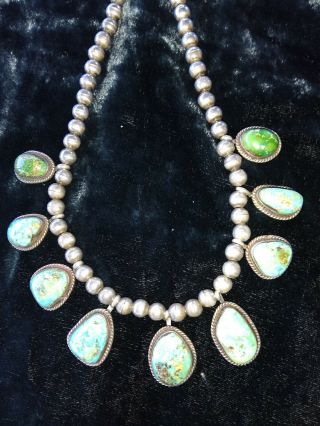 Arresting Vintage Southwestern Style,  9 Stone Turquoise And Silver Necklace