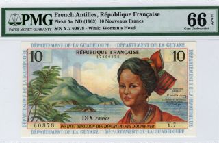 French Antilles 10 Nouveaux Francs 1963 P - 5a Pmg Gem Unc 66 Epq.  Rare Date
