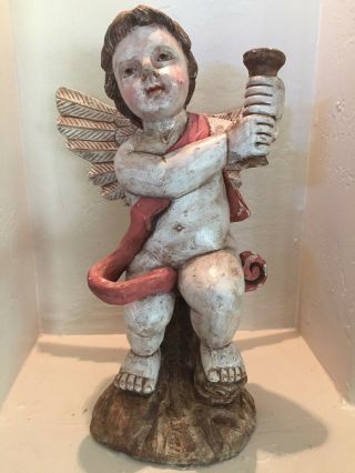 Santos Vintage Style Hand Painted And Carved Wood Angel Cherub W/ Wings 17 " Tall