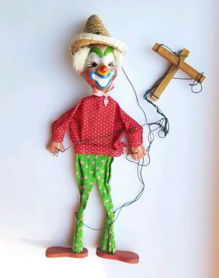 Vtg.  Mexican Clown Folk Art Marionette Pull String Puppet Rabbit Fur Toy Payaso
