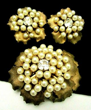 Vintage Signed Miriam Haskell Rhinestone Faux Pearl Brooch & Clip Earring Set