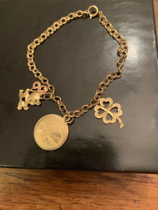 Vintage 14k Yellow Gold Charm Bracelet With 3 Charms,  7” 4.  2g