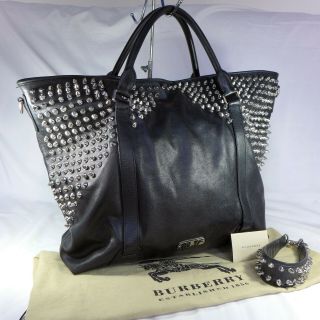 Authentic Rare Burberry Spiked Black Leather Extra Large Shoulder Tote Bag Vgc