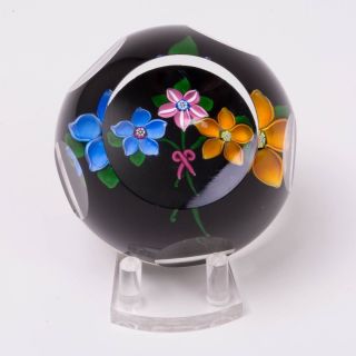 Perthshire Art Glass Paperweight Anemone Flower Bouquet On Black Facets Vintage