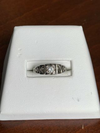 Vintage 1930s 14k White Gold.  20 Ct Round Cut Diamond Filigree Ring - Size 4.  5