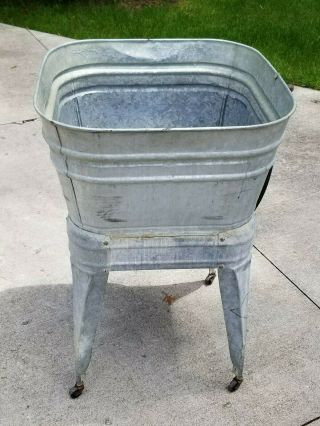 Vintage Galvanized Wash Tub On Stand With Wheels