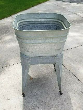 Vintage Galvanized Wash Tub on Stand with Wheels 2