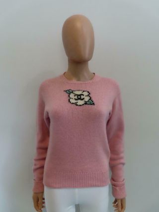 Vintage Chanel 95a Pink Cashmere Camellia Logo Crewneck Sweater Size 42/us 10