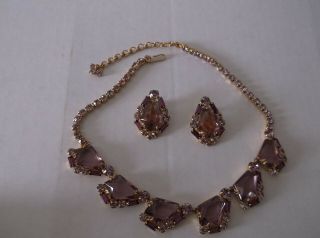 Alice Caviness Vintage Lilac Rhinestone Necklace And Clip Earrings