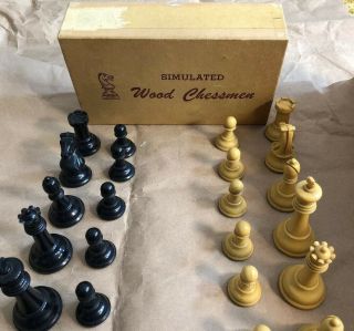 Vintage Drueke 35 Simulated Wood Chessmen Set With Box 3 & 3/4 " King
