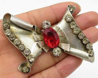 925 Sterling Silver - Vintage Red Topaz & Crystal Swirl Brooch Pin - Bp1972