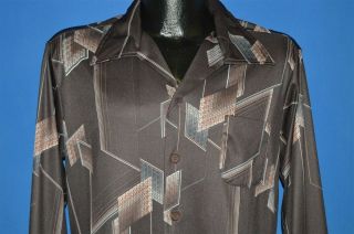 Vintage 70s Stuart Mann Abstract Geometric Big Collar Disco Poly Shirt Medium M