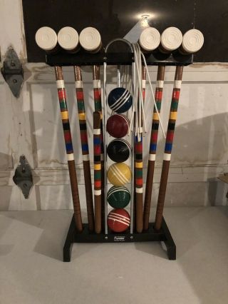 Vintage Forster 6 Player Wooden Croquet Set W/stand Stripped Balls Made In Usa