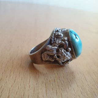 18 Antique Chinese Silver Ring With Turquoise 18 Gr.