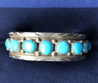 Vintage Navajo Bracelet - Sterling Silver And Turquoise Row