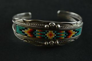 Vintage Sterling Silver Wide Cuff Bracelet W Multi Color Beads - 26.  2g