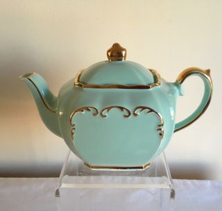 Vintage Sadler Blue Gold Gilded Cube Shape Teapot
