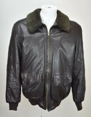 46l Ll Bean Vintage Aviator Brown Leather Jacket Bomber Flight Big Size Wool